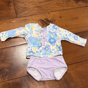 Ruffle Butts Floral Swim Rashguard - Blue and Yellow